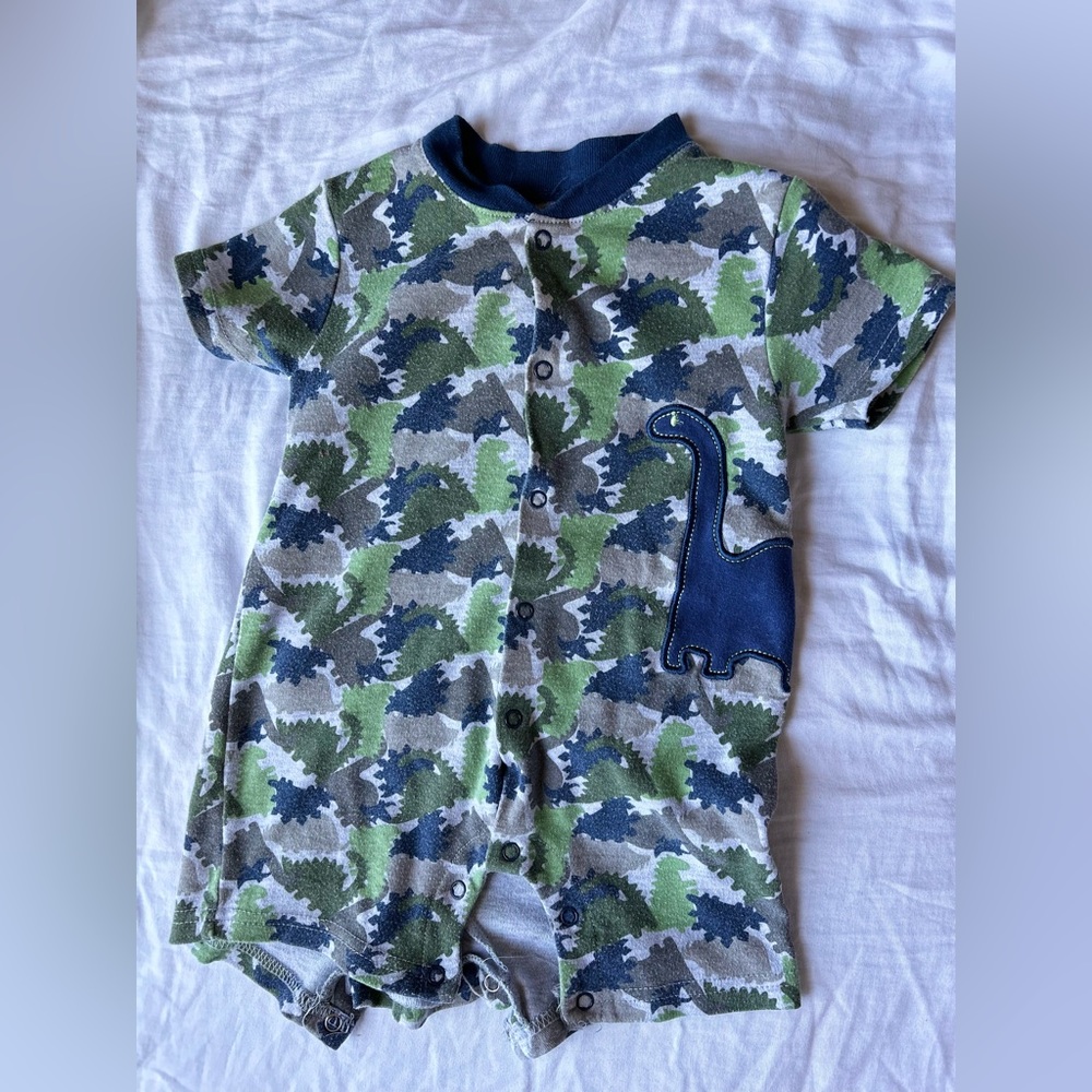 Quacker Jack Baby Boy Blue Green Dinosaur Romper Size 6-9M